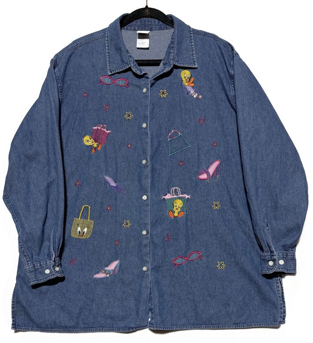 Warner Bros Studio Store Looney Tunes Embroidered Denim Shirt XXL Vintage 90s
